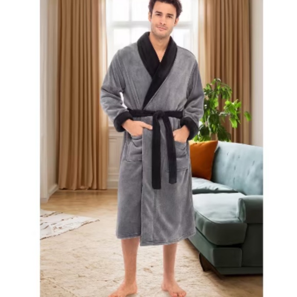 Elexander Del Rossa Mens Robe, Plush Fleece Hooded Cozy Bathrobe Sz L Gray/Black - Picture 10 of 11